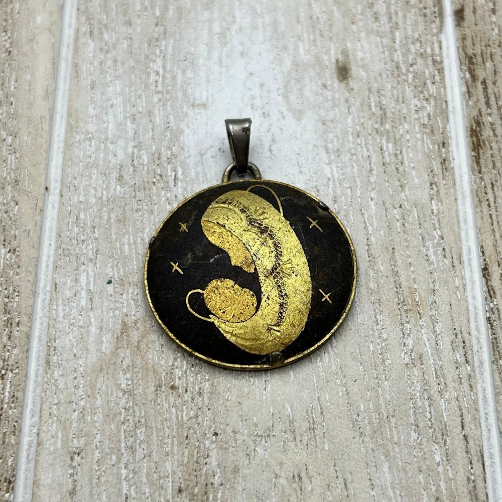 Vintage mother mary damascene black and gold Pendant